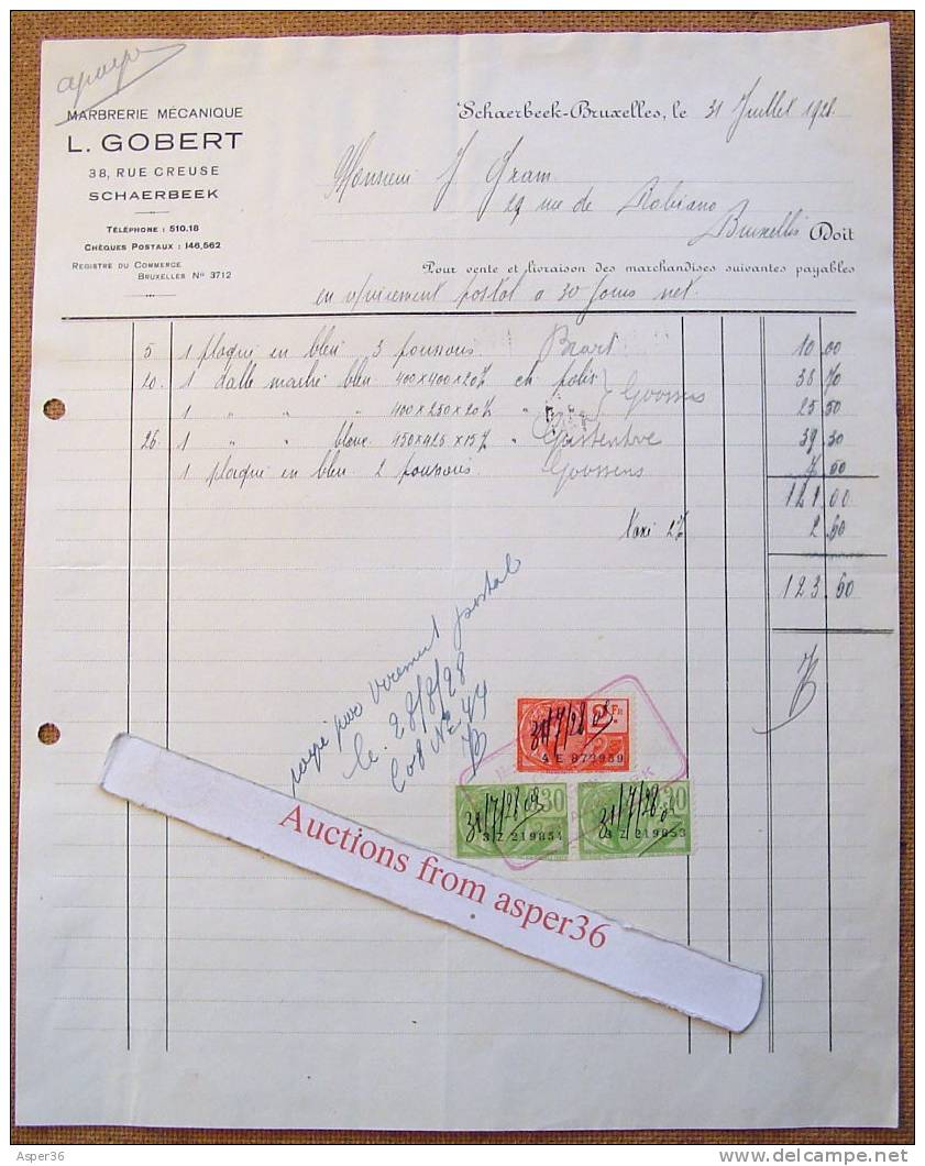 Facture "Marbrerie, L. Gobert, Schaerbeek 1928" - 1900 – 1949