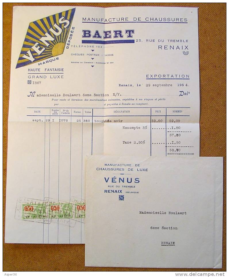 Factuur & Omslag "Manuf De Chaussures Baert, Renaix Ronse 1934" - 1900 – 1949