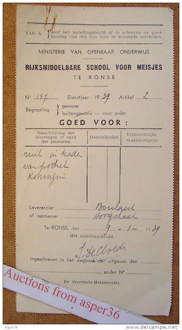 Kleine Factuur "Rijksmiddelbare School Voor Meisjes, Ronse Renaix 1939" - 1900 – 1949