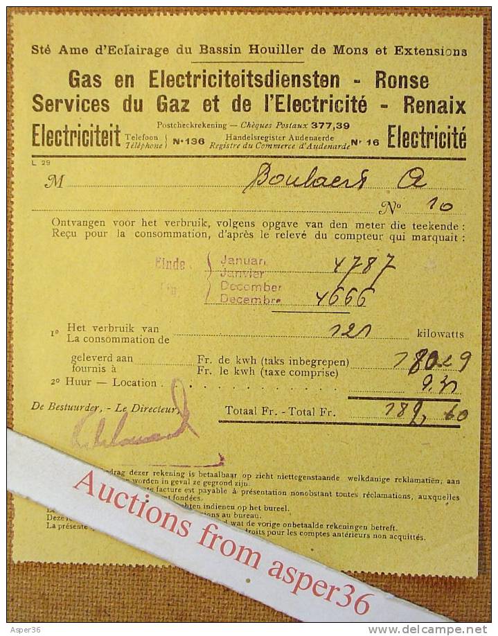 Kleine Factuur "Gas & Electriciteitsdiensten Ronse Renaix" - 1900 – 1949