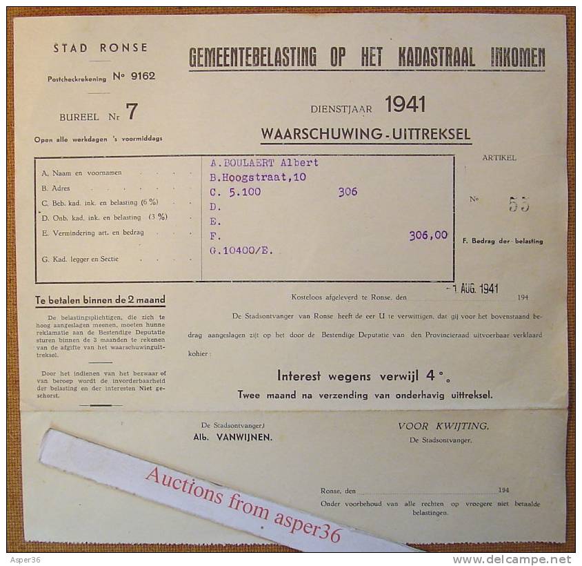 Factuur "Gemeentebelasting Ronse Renaix 1941" - 1900 – 1949