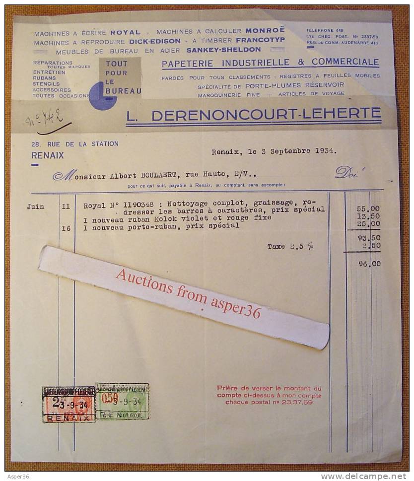 Factuur "Papeterie, L. Derenoncourt-Leherte, Renaix Ronse 1934" - 1900 – 1949