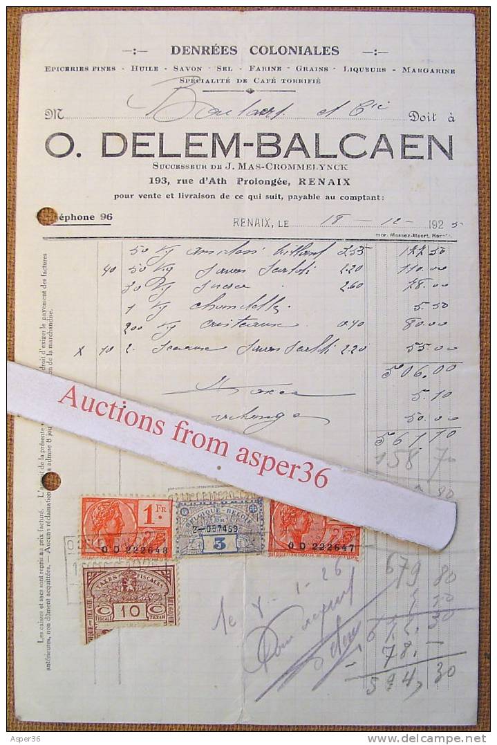 Kleine Factuur "Denrées Coloniales, Delem-Balcaen, Renaix Ronse 1925" - 1900 – 1949