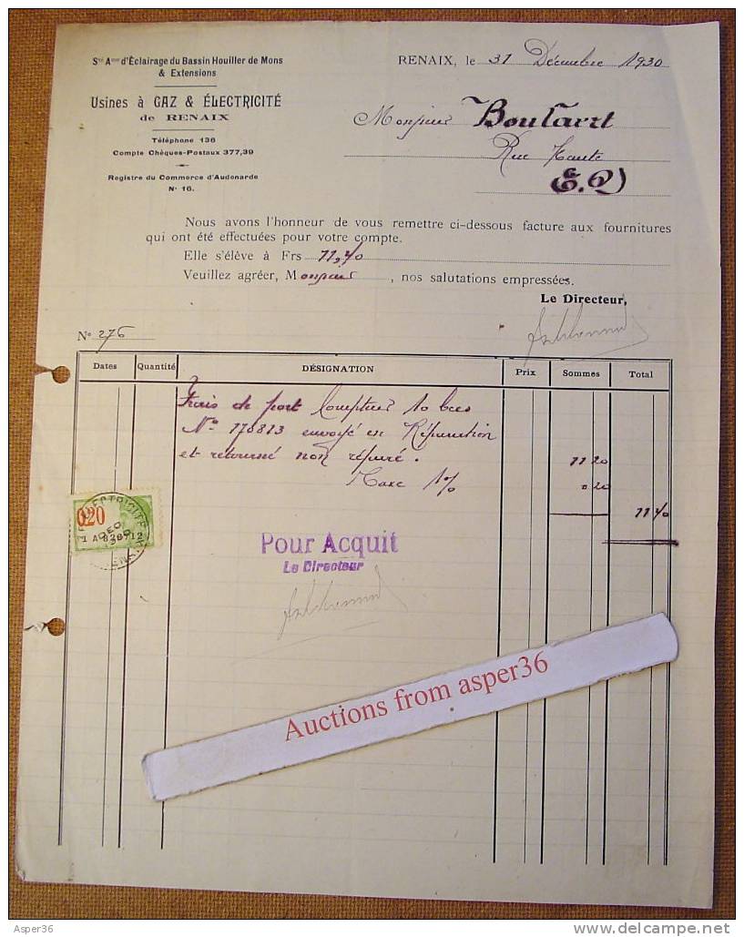 Factuur "Usines à Gaz & Electricité, Renaix Ronse 1930" - 1900 – 1949