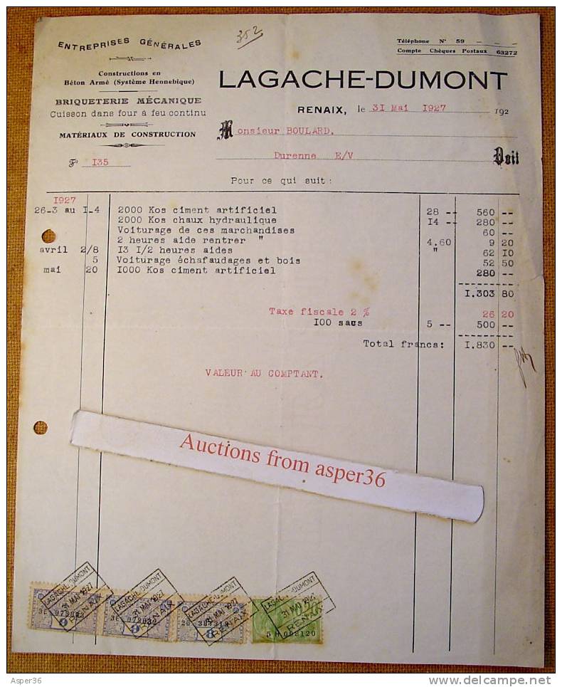 Factuur "Briqueterie, Lagache-Dumont, Renaix Ronse 1927" - 1900 – 1949