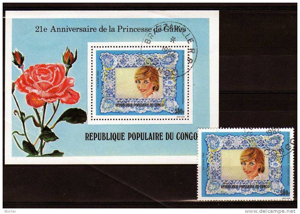 Fürstin Von Wales 1982 Lady Di Kongo 869+Block 30 O 3€ Rosen Für Die Prinzessin Diana Hoja Ss Flower Sheet Bf Congo - Usati