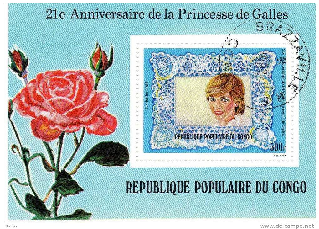 Fürstin Von Wales 1982 Lady Di Kongo 869+Block 30 O 3€ Rosen Für Die Prinzessin Diana Hoja Ss Flower Sheet Bf Congo - Usati