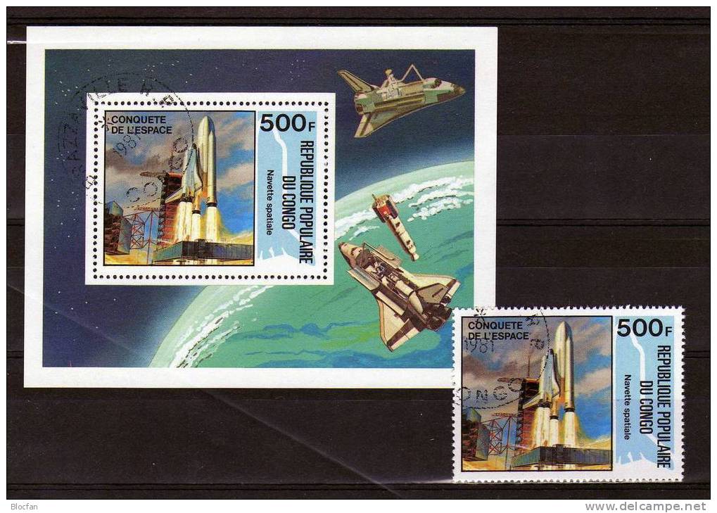 Raumflug Der Space Shuttle 1981 Kongo 809+Block 27 O 3€ Kosmos Rakete Start Hoja M/s Bloc Ss Technic Sheet Bf Congo - Afgestempeld