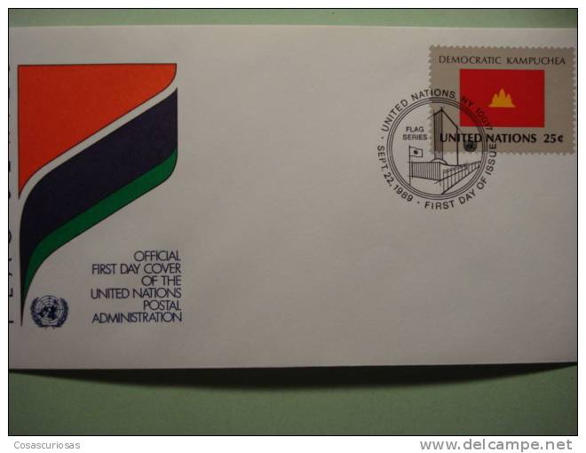 8634 FLAG DRAPEAUX BANDERA   KAMPUCHEA - FDC SPD   O.N.U   U.N OFFICIAL FIRST DAY COVER AÑO/YEAR 1989 - Buste