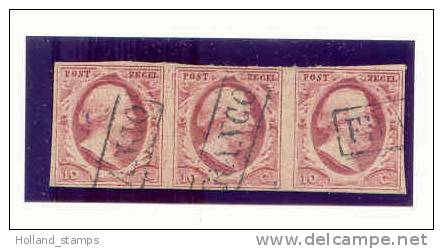 1852 Koning Willem III 10 Cent BRUIN NVPH 2 M *  Plaat VII Positie 67 - 69 In Strip Van 3  * CAT.WAARDE EURO 400,00 - Used Stamps