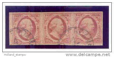 1852 Koning Willem III 10 Cent BRUIN NVPH  2 I Plaat V  Positie 52 - 54 In Strip Van 3 PRACHTSTRIP * CAT WAARDE EURO 400 - Used Stamps