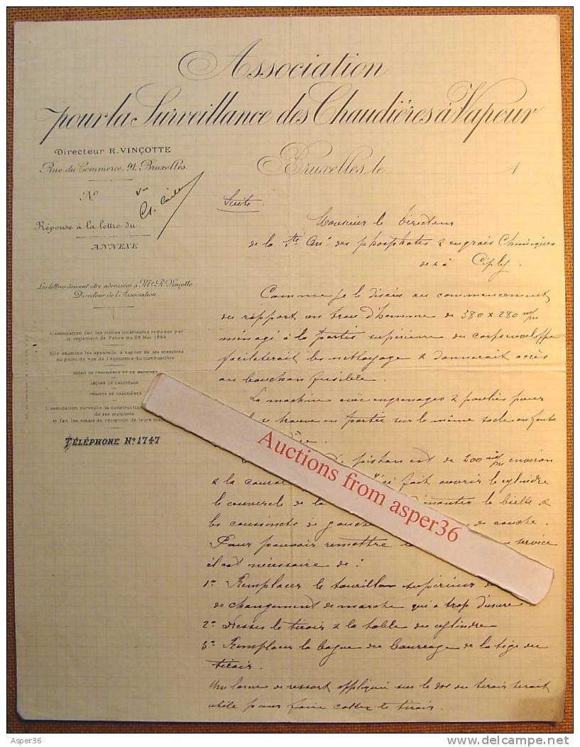 Lettre "Association Pour La Surveillance Des Chaudières à Vapeur, Bruxelles 1909" - 1900 – 1949