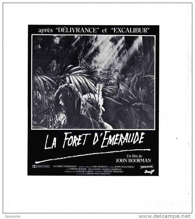 PAVE DE PRESSE - FILM LA FORET D´EMERAUDE DE JOHN BOORMAN - Autres & Non Classés