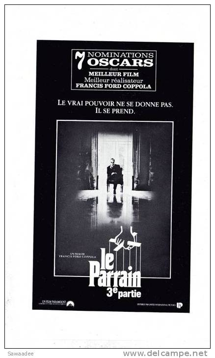 PAVE DE PRESSE - FILM LE PARRAIN 3° PARTIE DE FRANCIS FORD COPPOLA - 7 NOMINATIONS AUX OSCARS - Sonstige & Ohne Zuordnung