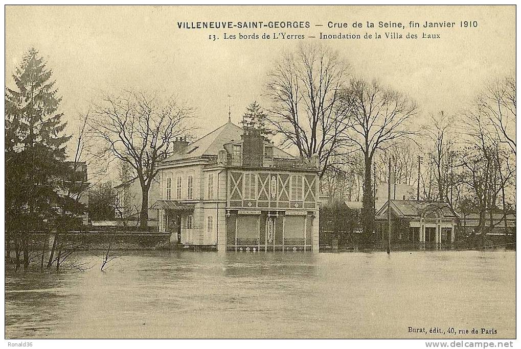 Cp 94 VILLENEUVE SAINT GEORGES Crue De La Seine , Fin Janvier 1910 Les Bords De L'yerres , Villa Des Eaux - Villeneuve Saint Georges