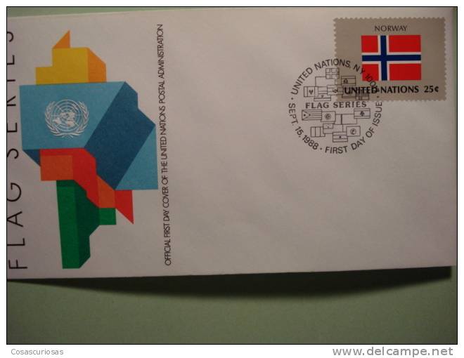 8643 FLAG DRAPEAUX BANDERA   NORWAY NORGE NORUEGA   - FDC SPD   O.N.U   U.N OFFICIAL FIRST DAY COVER AÑO/YEAR 1988 - Buste