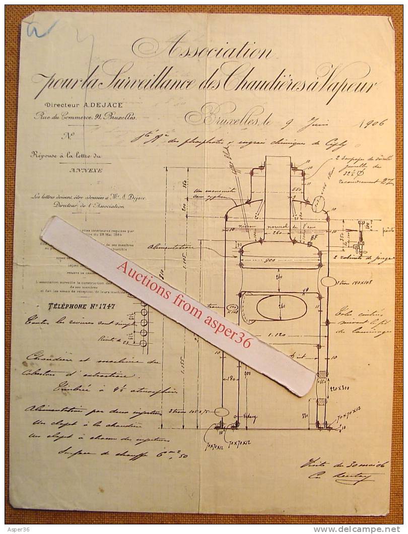 Lettre "Association Pour La Surveillance Des Chaudières à Vapeur, Bruxelles 1906" - 1900 – 1949