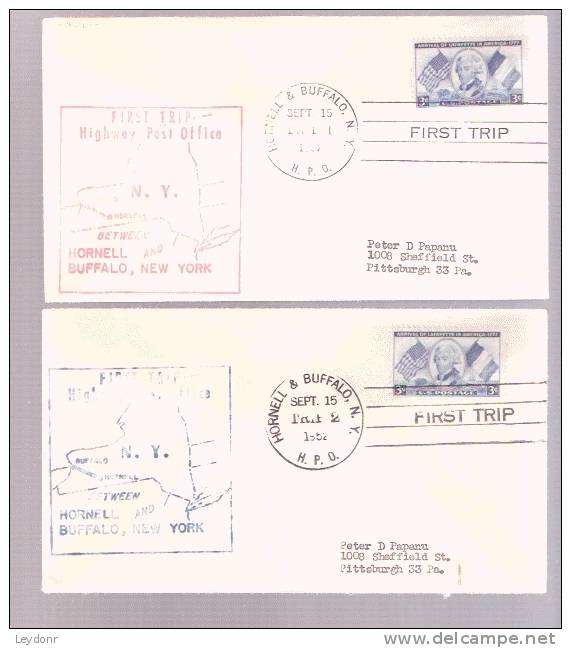 H.P.O. Highway Post Office Trip 1 & 2 Between Hornell And Buffalo, New York Sep 15, 1952 - Sobres De Eventos