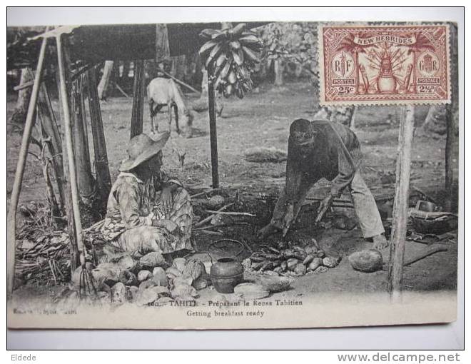 100 Tahiti Preparant Le Repas Tahitien Spitz Timbre New Hebrides - Polynésie Française