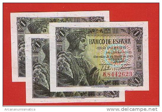 ESPAÑA  1  PESETA  21-Mayo-1.943  TRIO CORRELATIVO  SC/UNC/PLANCHA  Series K  KM#126  DL-6318 - 1-2 Pesetas