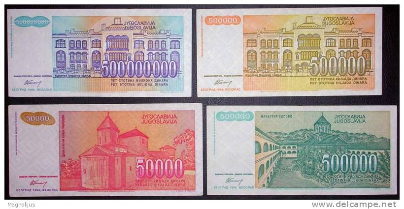 Yugoslavia,Banknote,Paper   Money,Bills,Different,4 Pcs,Inflation,1993-1994. - Yougoslavie