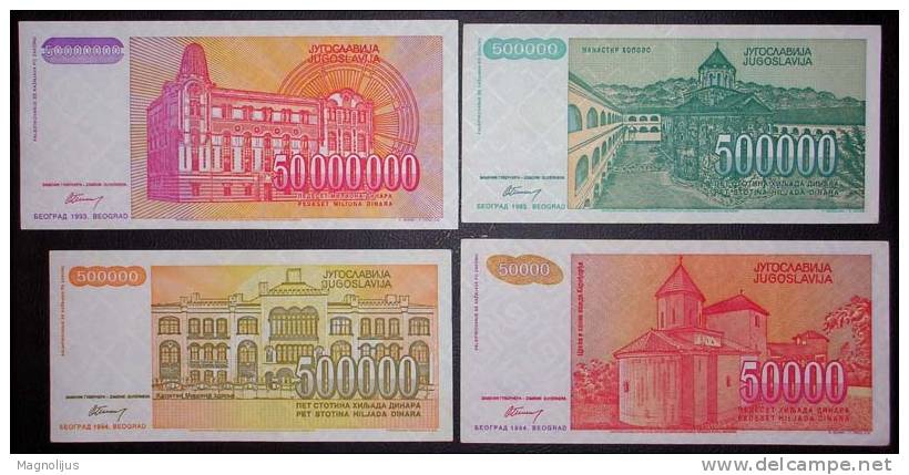 Yugoslavia,Banknote,Paper   Money,Bills,Different,4 Pcs,Inflation,1993-1994. - Yougoslavie