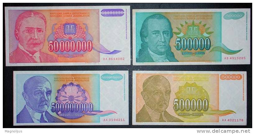 Yugoslavia,Banknote,Paper   Money,Bills,Different,4 Pcs,Inflation,1993-1994. - Yougoslavie