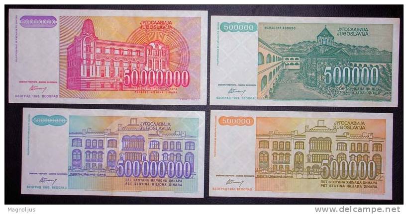 Yugoslavia,Banknote,Paper   Money,Bills,Different,4 Pcs,Inflation,1993-1994. - Yougoslavie