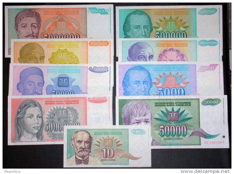 Yugoslavia,Banknote,Paper   Money,Bills,Different,9 Pcs,Inflation,1992.-1994. - Yugoslavia