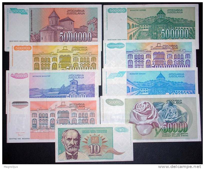 Yugoslavia,Banknote,Paper   Money,Bills,Different,9 Pcs,Inflation,1992.-1994. - Yugoslavia