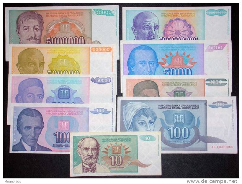 Yugoslavia,Banknote,Paper   Money,Bills,Different,9 Pcs,Inflation,1992.-1994. - Yugoslavia