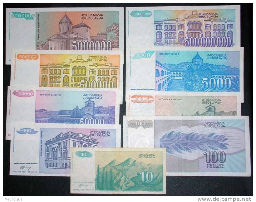 Yugoslavia,Banknote,Paper   Money,Bills,Different,9 Pcs,Inflation,1992.-1994. - Yugoslavia