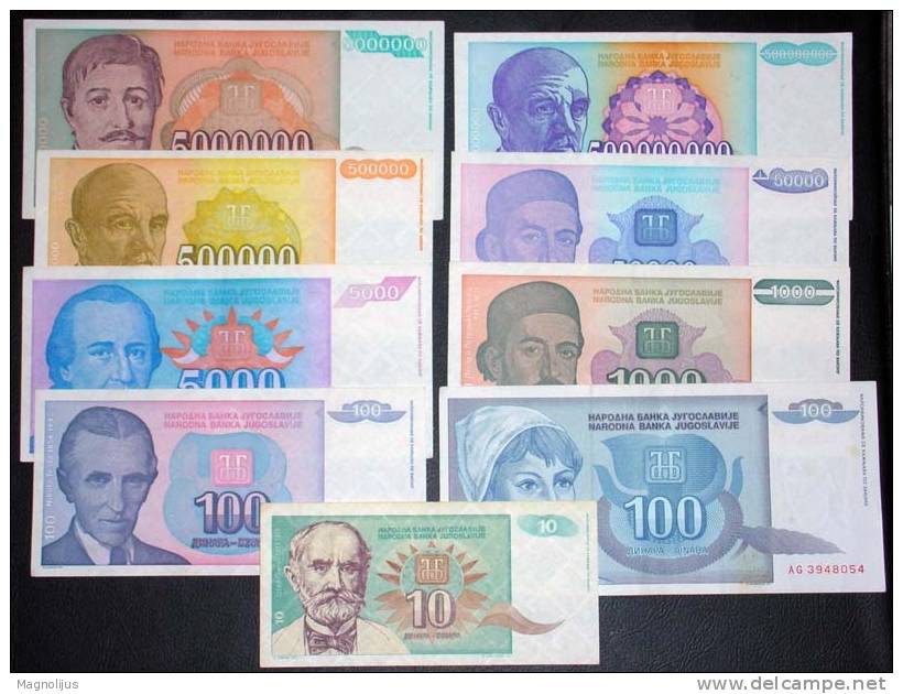 Yugoslavia,Banknote,Paper   Money,Bills,Different,9 Pcs,Inflation,1992.-1994. - Yougoslavie