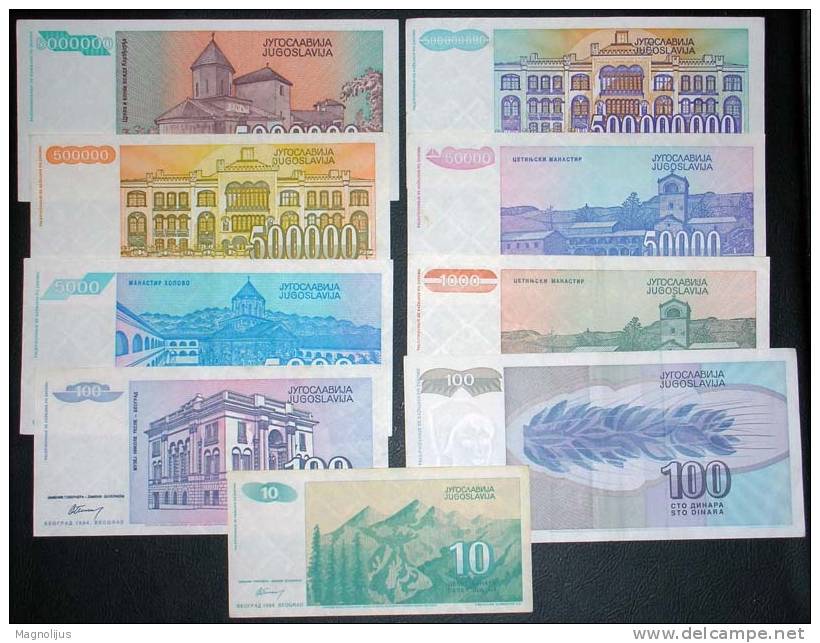 Yugoslavia,Banknote,Paper   Money,Bills,Different,9 Pcs,Inflation,1992.-1994. - Yougoslavie