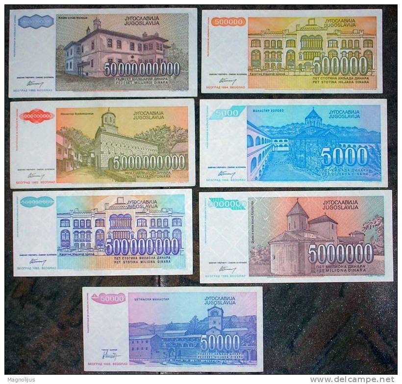 Yugoslavia,Banknote,Paper   Money,Bills,Different,7 Pcs,Inflation,1993-1994. - Yugoslavia