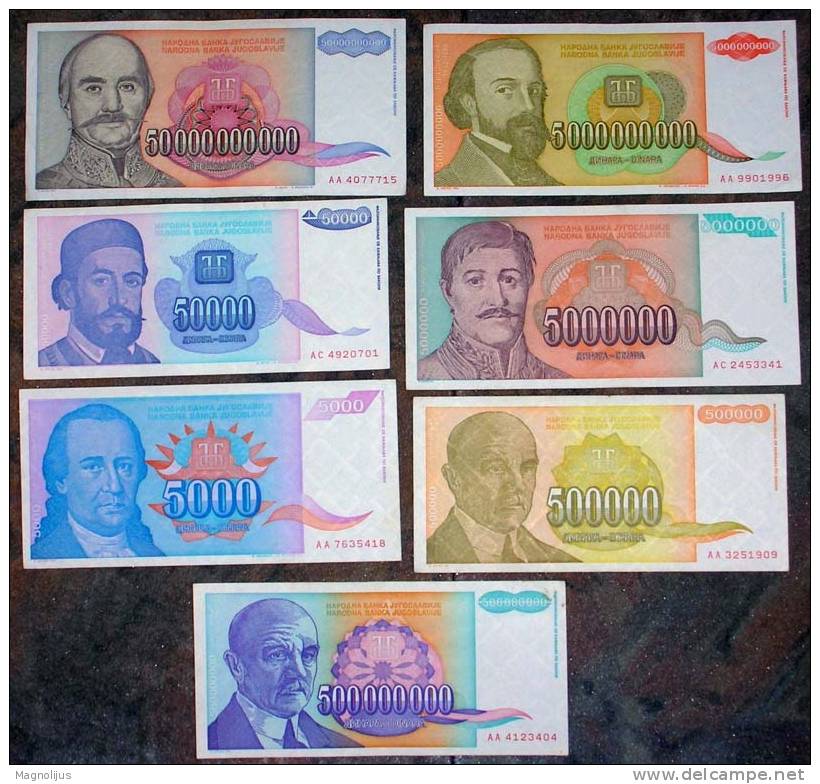 Yugoslavia,Banknote,Paper   Money,Bills,Different,7 Pcs,Inflation,1993-1994. - Yugoslavia