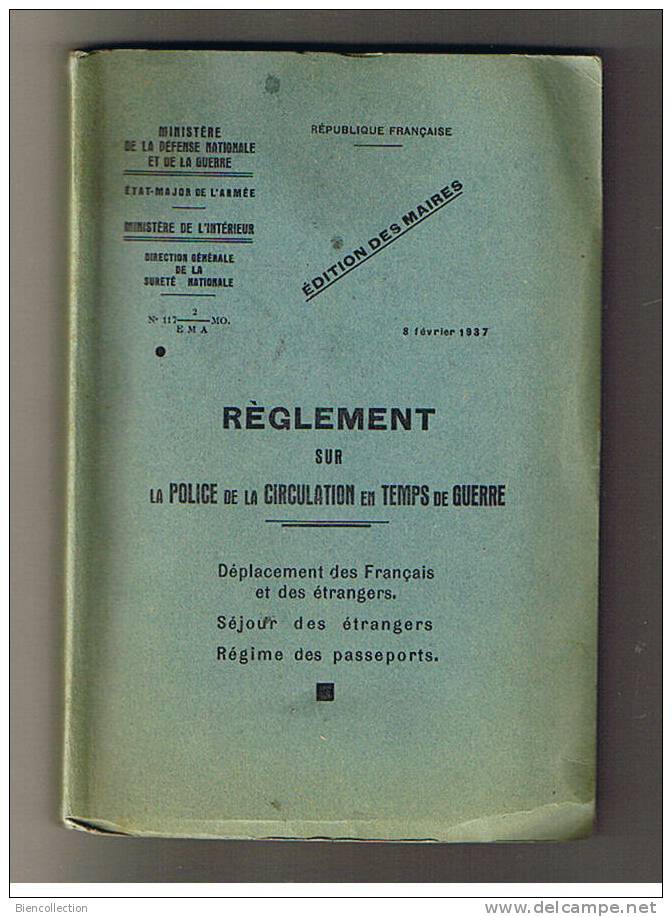 Fascicule De Février 1937 Sur Le Règlement Sur La Police De Circulation En Temps De Guerre - Französisch