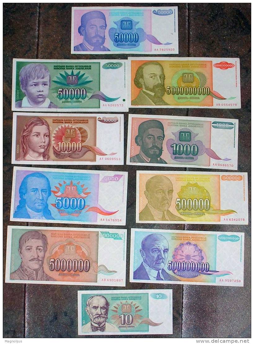 Yugoslavia,Banknote,Paper   Money,Bills,Different,10 Pcs,Inflation,1992.-1994. - Yugoslavia