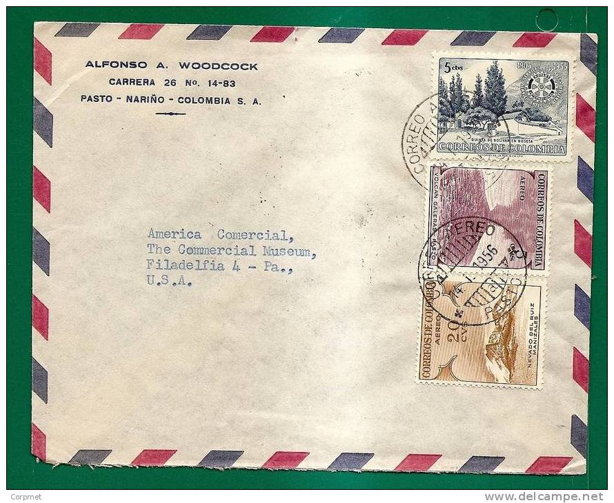 COLOMBIA - VOLCAN GALERAS (Pasto) + NEVADO Del RUIZ (mANIZALES) + Bolivar House (BOGOTA) On VF 1956 COVER From PASTO - Vulcani