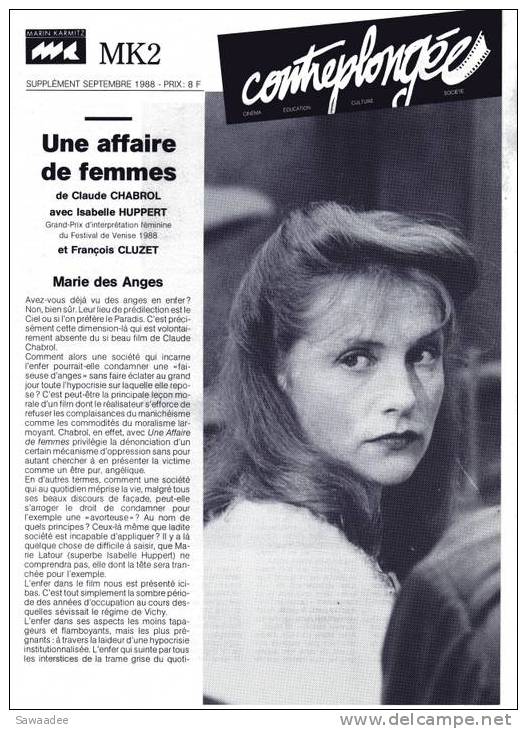 PLAQUETTE - CONTREPLONGEE MK2 - FILM - UNE AFFAIRE DE FEMMES - CLAUDE CHABROL - ISABELLE HUPPERT - Publicité Cinématographique