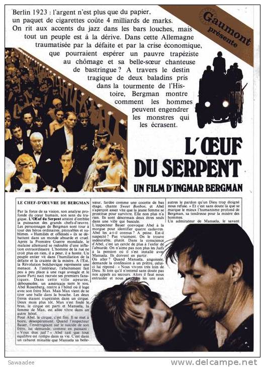 PLAQUETTE - GAUMONT - FILM - L´OEUF DU SERPENT - INGMAR BERGMAN - Publicité Cinématographique