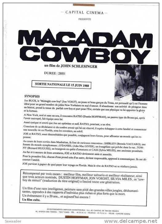 FICHE - CAPITAL - CINEMA - FILM - MACADAM COWBOY - Cinema Advertisement