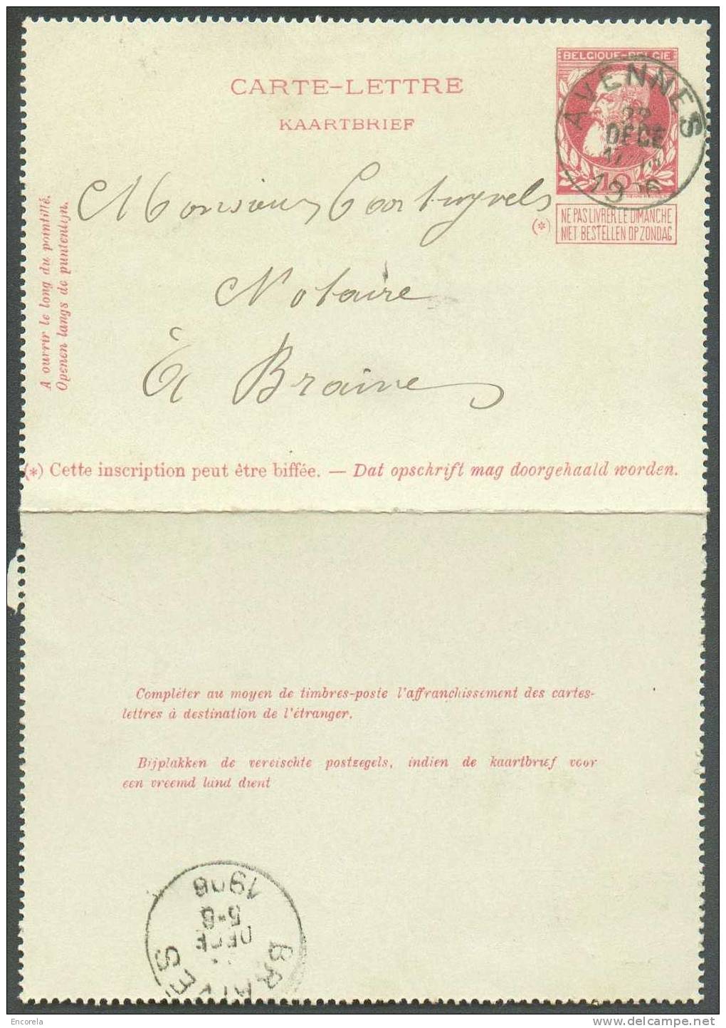 EP Carte-lettre 10 Cent. Grosse Barbe, Obl. Sc AVENNES Le 22 Déc. 1906 Vers Braives - TB. 3530 - Cartas-Letras