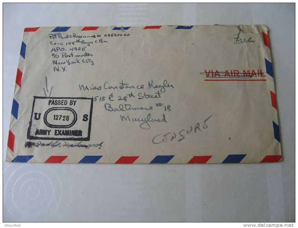 Timbres / Amérique/NEW-YORK P/BALTIMOREMARYNLAND APO 4926 UNITED STATES ARMY AIR FORCE PASSED BY ARMY EXAMINER  CENSURE - Lettres & Documents