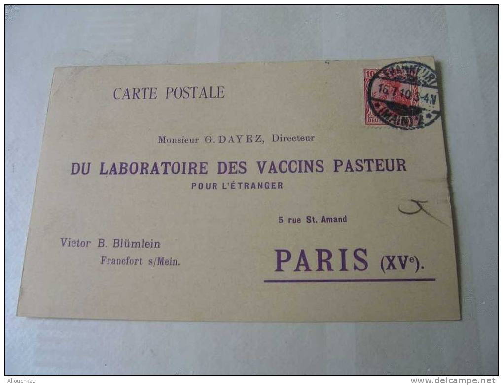 MARCOPHILIE LETTRE D 'ALLEMAGNE POUR LE LABORATOIRE DES VACCINS PASTEUR DE FRANKFURT LE 16-07-1910 /P-MR DAYEZ :PARIS XV - Briefe U. Dokumente