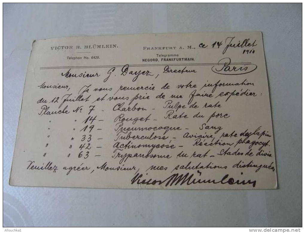 MARCOPHILIE LETTRE D 'ALLEMAGNE POUR LE LABORATOIRE DES VACCINS PASTEUR DE FRANKFURT LE 14-07-1910 /P-MR DAYEZ:PARIS XV - Briefe U. Dokumente