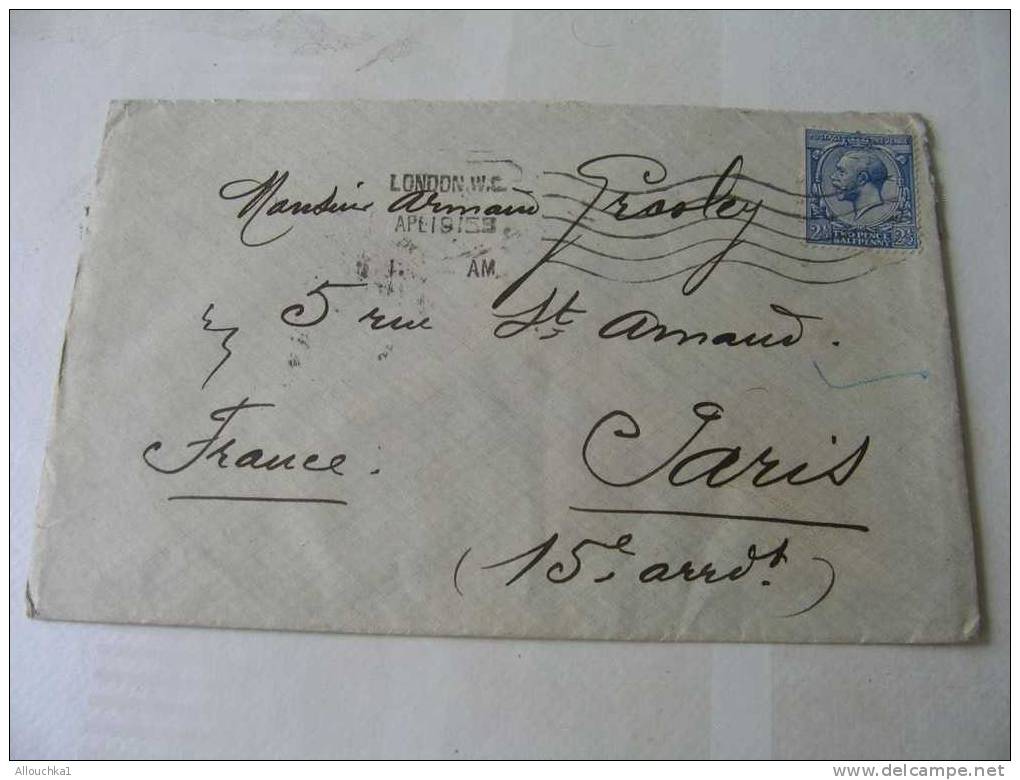 MARCOPHILIE LETTRE DU ROYAUME-UNI / GB DE LONDON POUR LE LABORATOIRE DES VACCINS PASTEUR PARIS / P- MR GROSLEY - Storia Postale