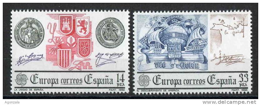 SERIE TIMBRES ESPAGNE NOUVEAUX 1982 EUROPA CEPT MONNAIES CARTE BATEAU ARME COLON - 1982