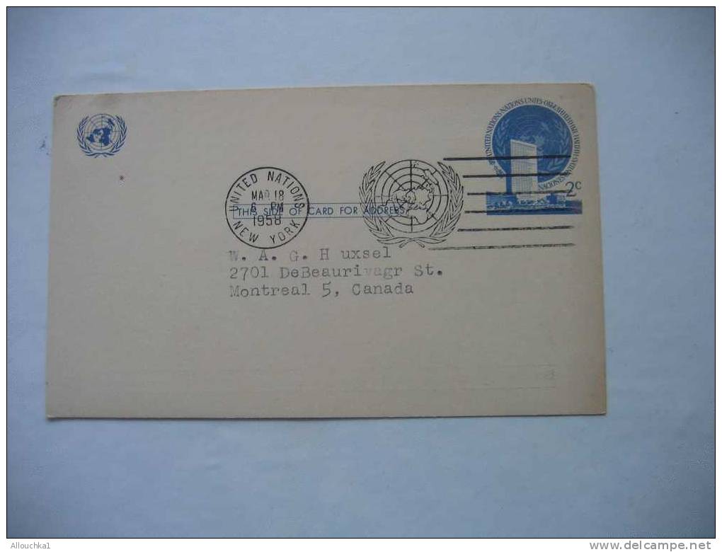 UNITED NATIONS N.Y. / NATIONS UNIES :ENTIER POSTAL DE 1956  POUR MONTREAL QUEBEC - CANADA - Other & Unclassified