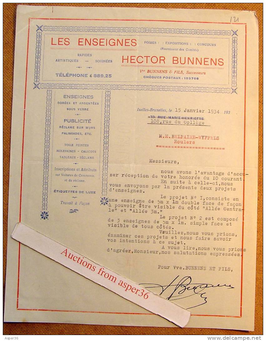 Lettre "Les Enseignes Hector Bunnens, Ixelles 1934" - 1900 – 1949